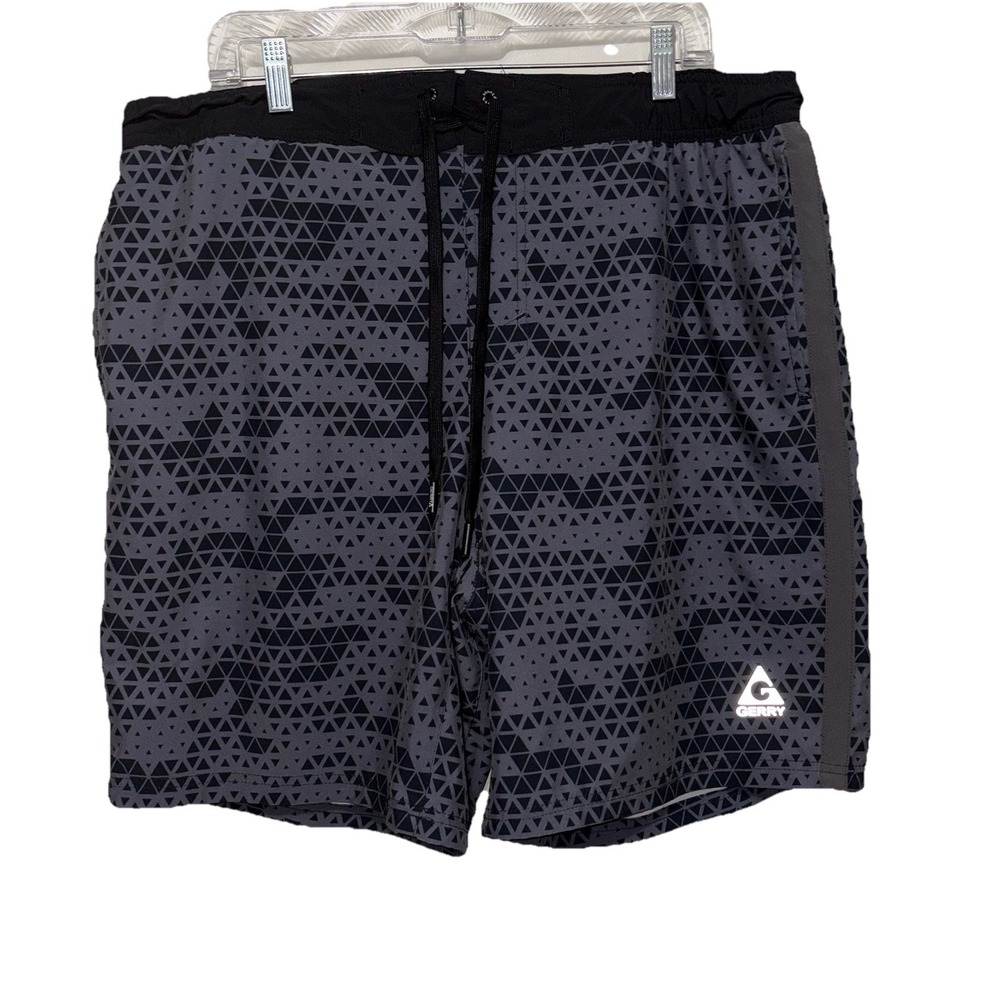 GERRY Swim Shorts Trunks XL Gray/Black Geometric UPF Lined Short Stretch Pockets